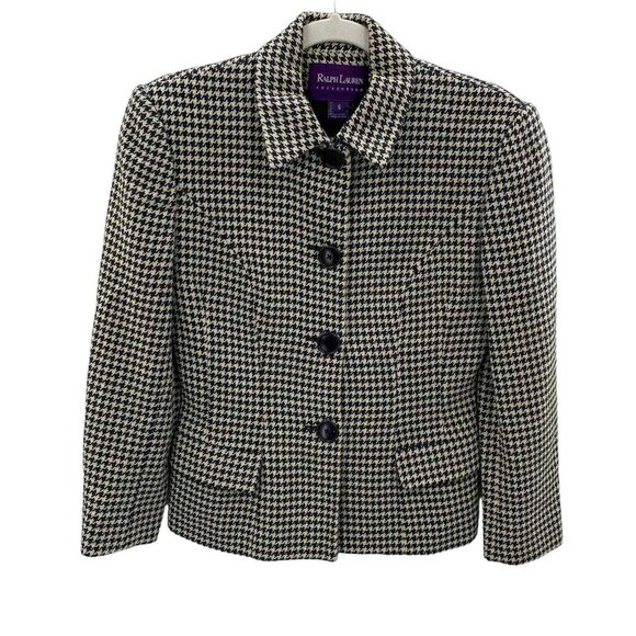 Vintage‎ Ralph Lauren Purple Label Jacket Womens 6 Black White Houndstooth Wool - Picture 1 of 9